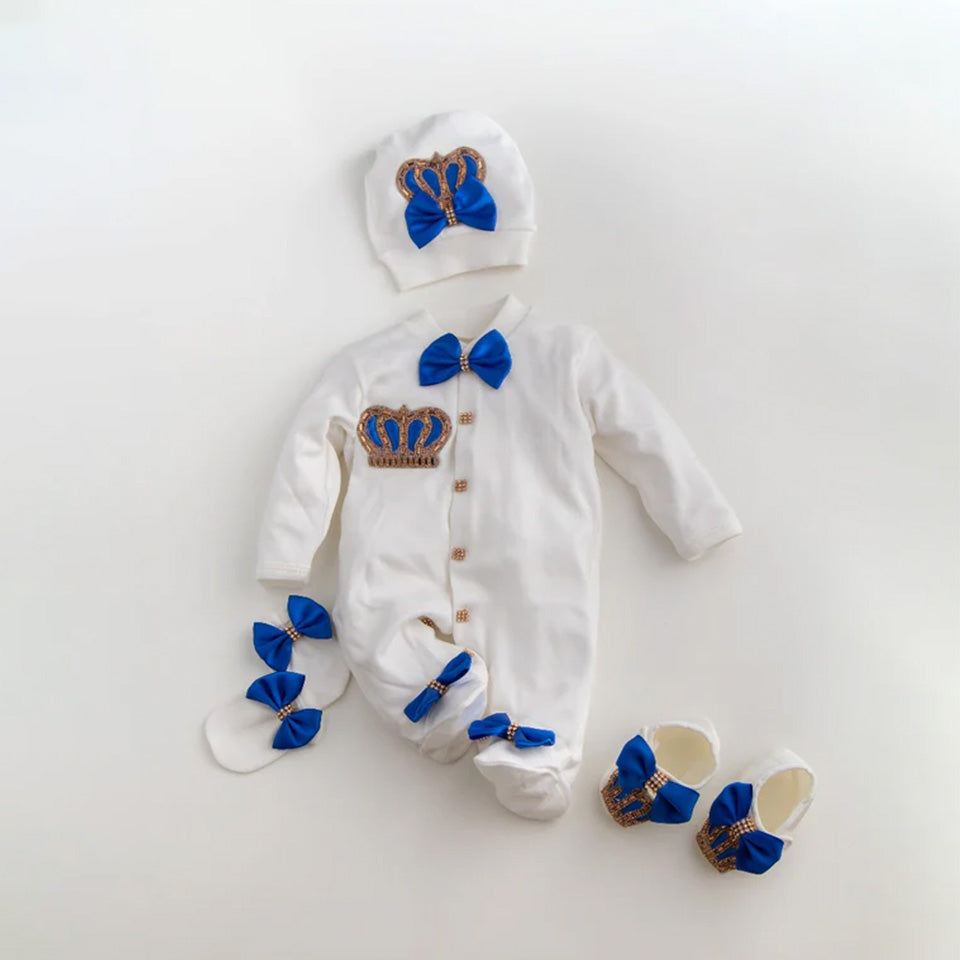 Luxury baby boy romper set with blue bow crown, matching hat, booties, and socks for newborns