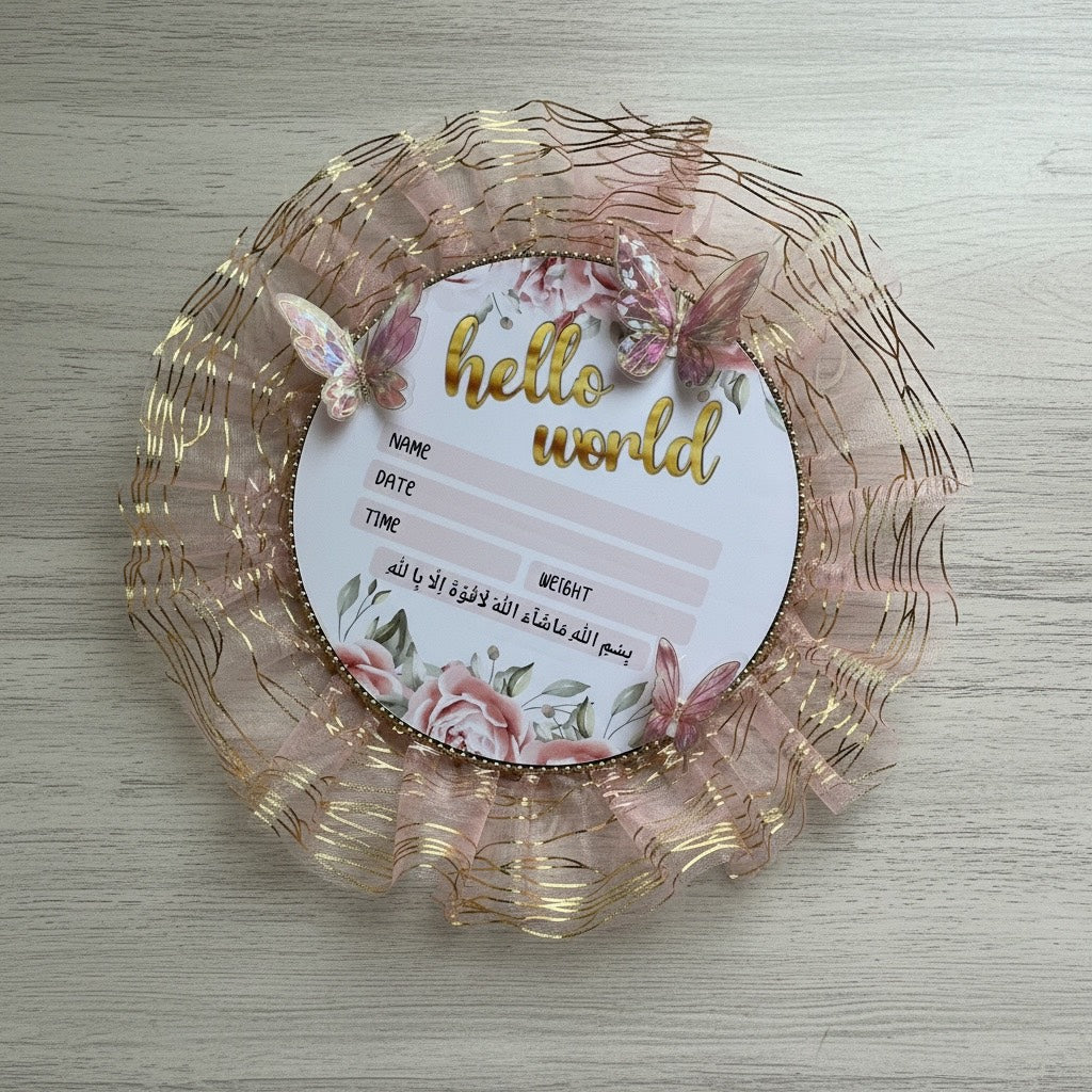 Hello World baby announcement card with floral design and butterflies