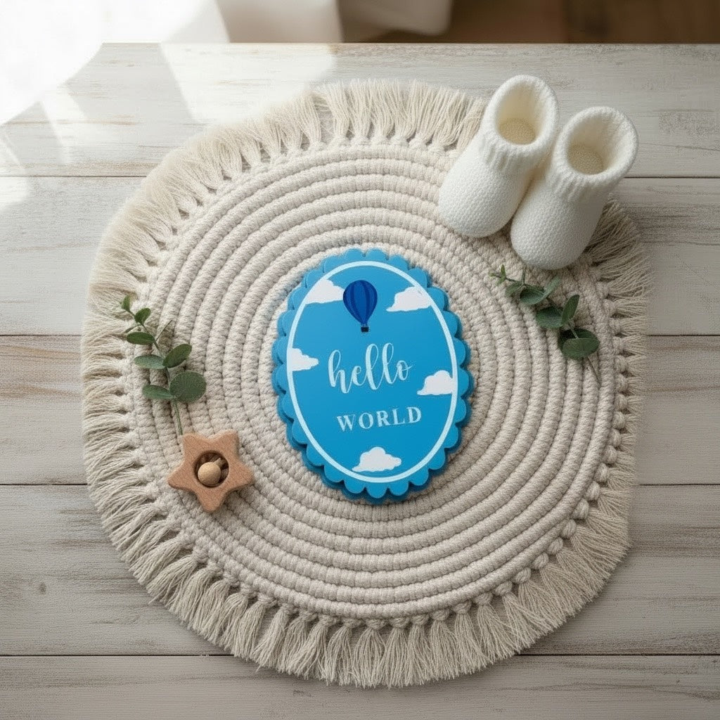 Hello World baby gift set with organic cotton booties and macrame mat