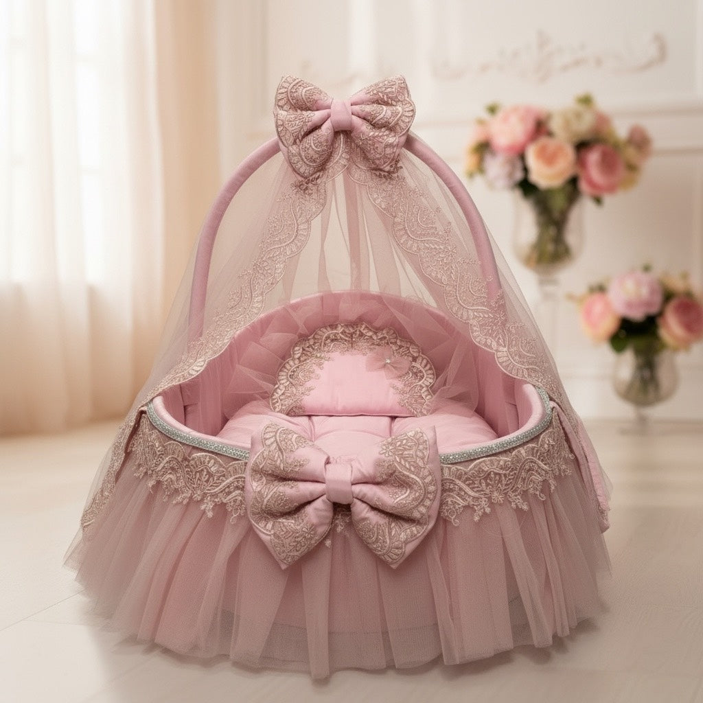 Pink lace baby bassinet with bows and tulle, luxury newborn bedding