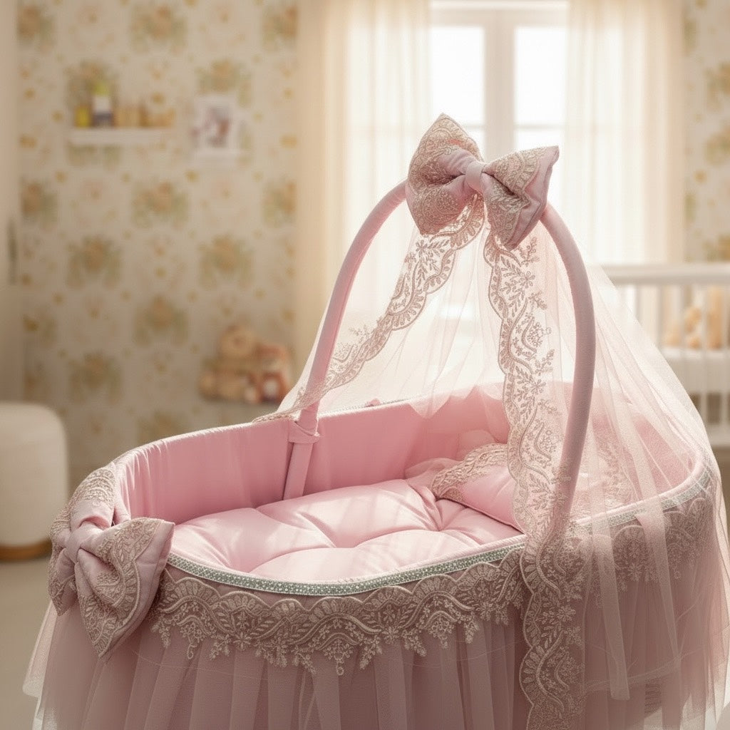Pink lace baby bassinet with canopy, soft bedding, and decorative bows for newborns