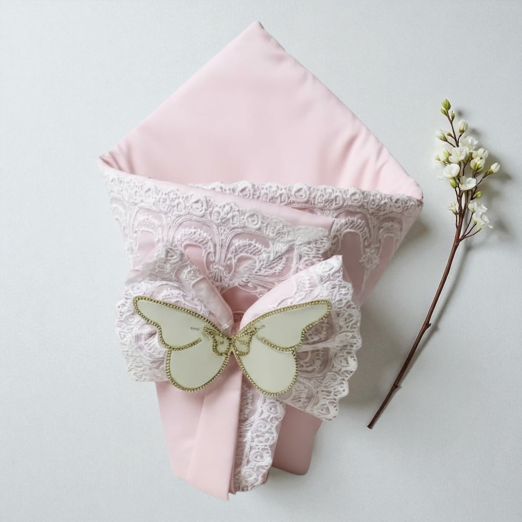 Pink baby romper with lace and butterfly bow, organic cotton babywear