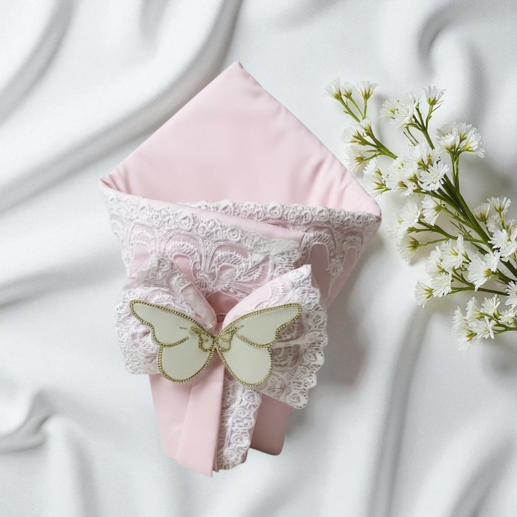 Pink baby romper with lace and butterfly bow, organic cotton babywear