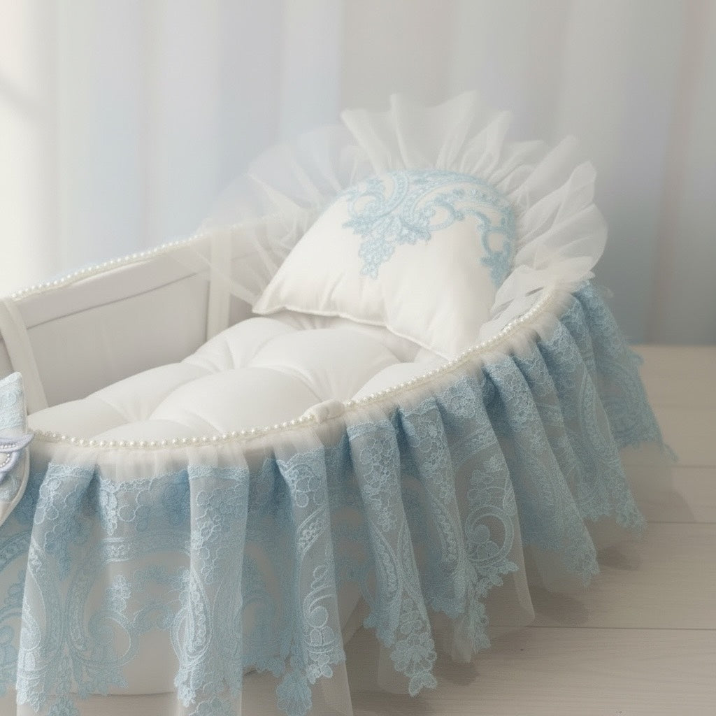 Delicate blue lace baby crib set with pearl trim and embroidered pillow, luxury newborn bedding