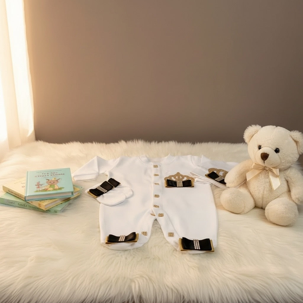 Luxury white baby romper with black bows, paired with teddy bear and books on fluffy rug