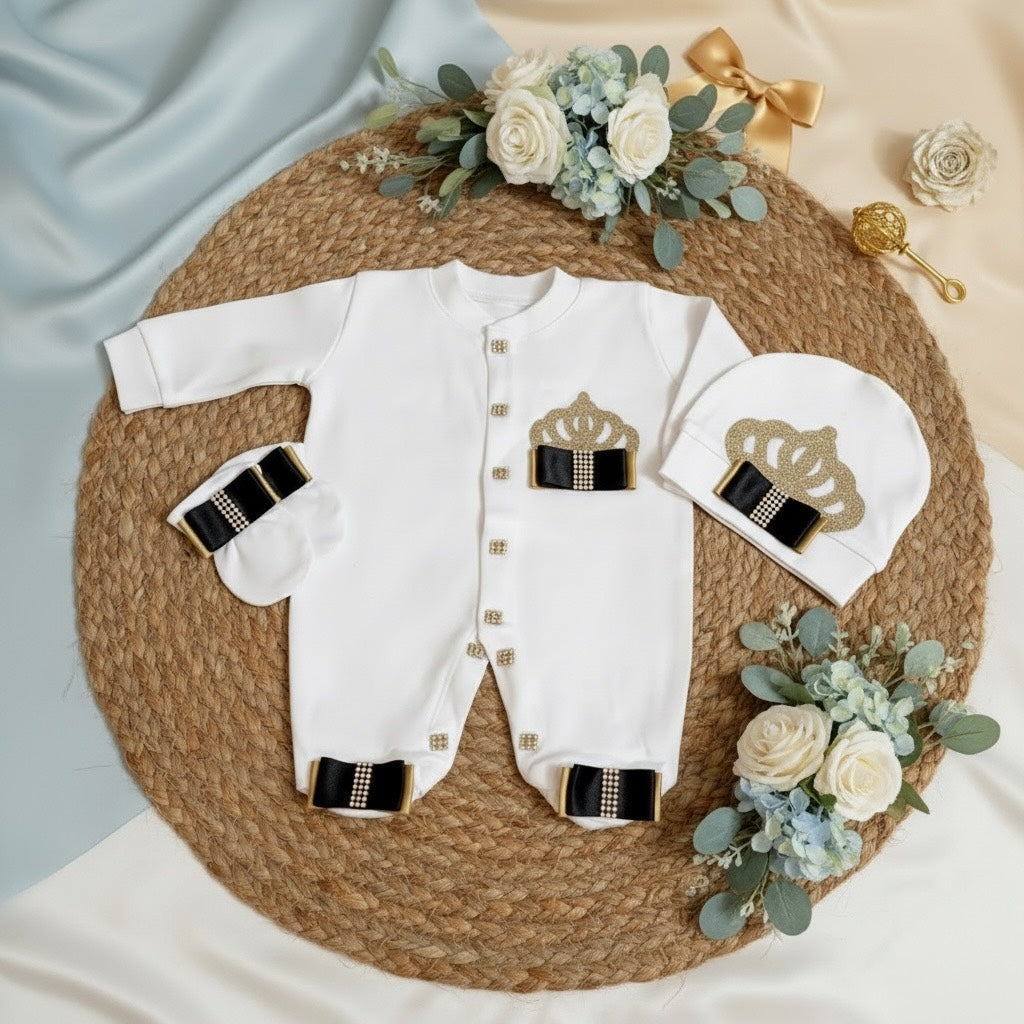 Luxury white baby romper set with gold crown & black bow details, organic cotton newborn outfit