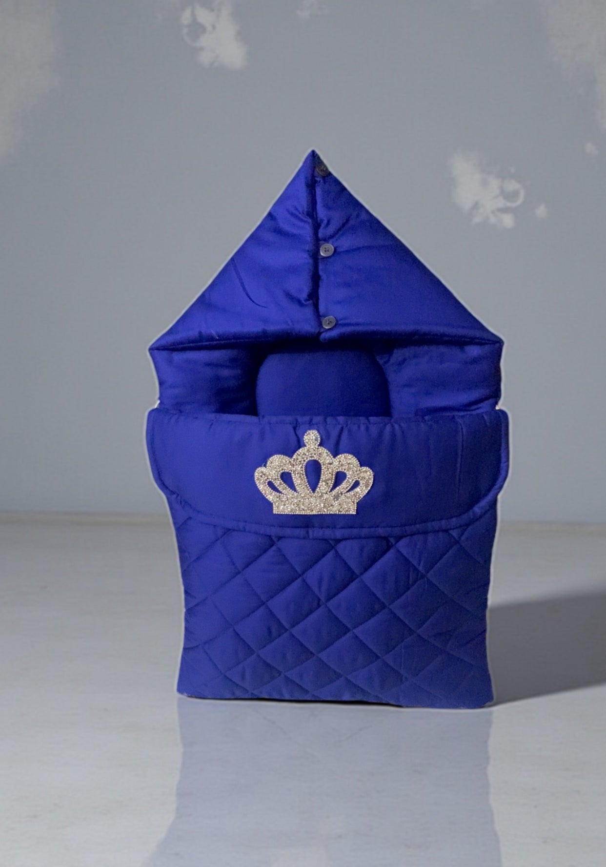 Royal blue quilted baby car seat cover with glitter crown, luxury newborn accessory