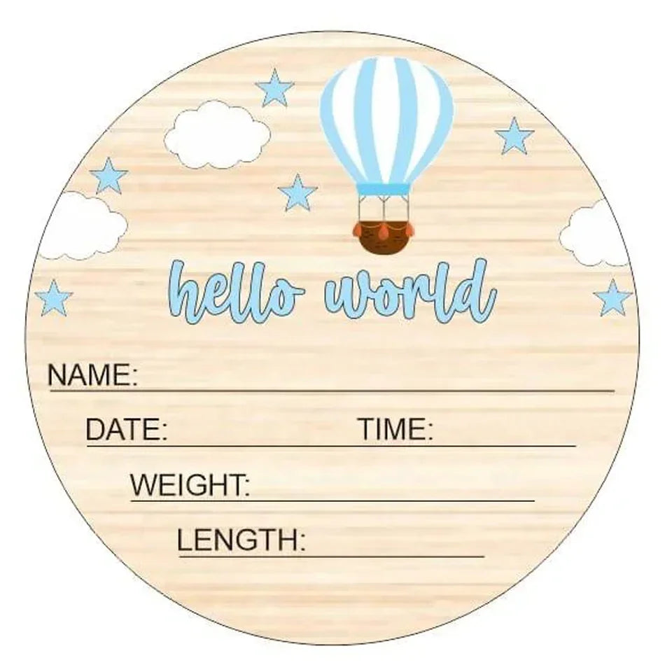Hello World baby announcement tag with hot air balloon, stars, and clouds design