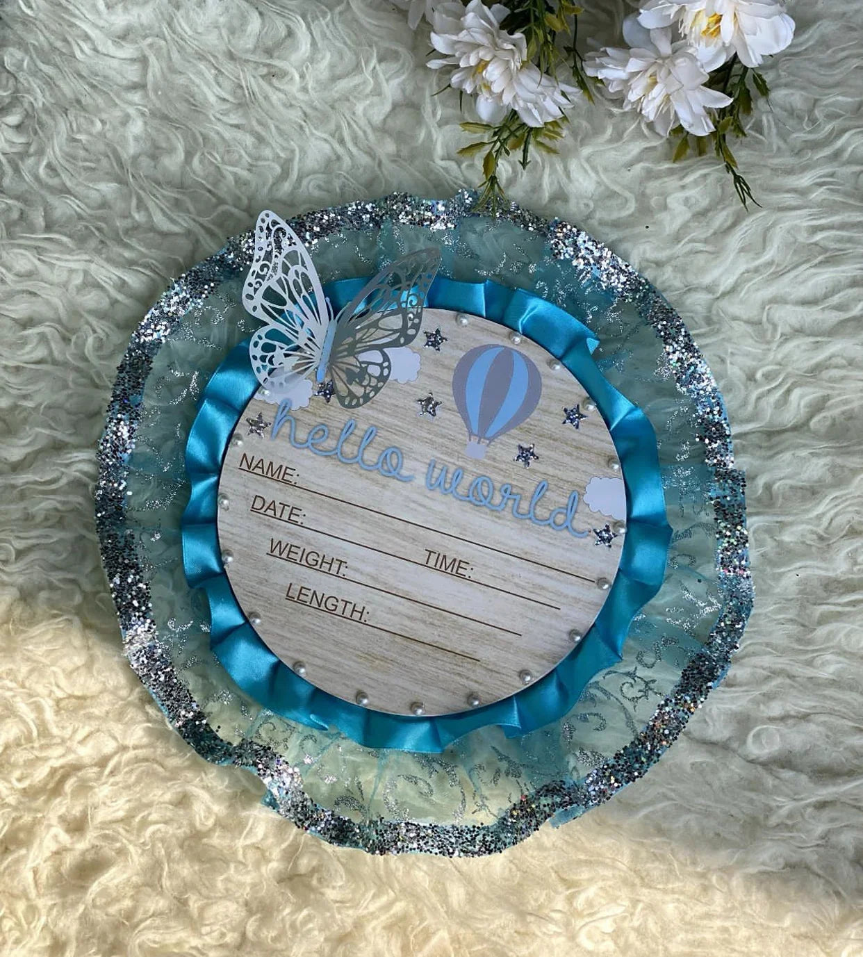 Hello World baby announcement plaque with butterfly, hot air balloon, and blue ribbon on fluffy background