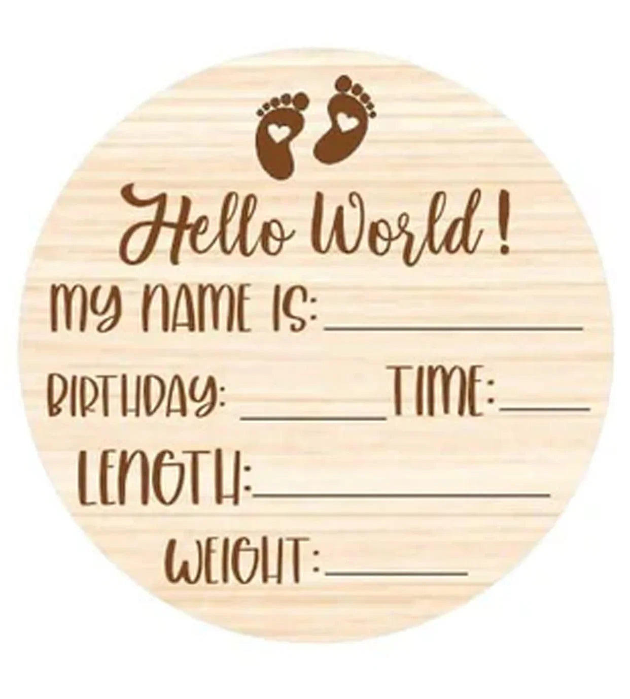 Hello World baby announcement plaque with footprints and birth details