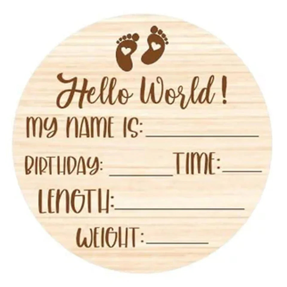 Hello World baby announcement plaque with footprints, name, birthday, time, length, weight fields