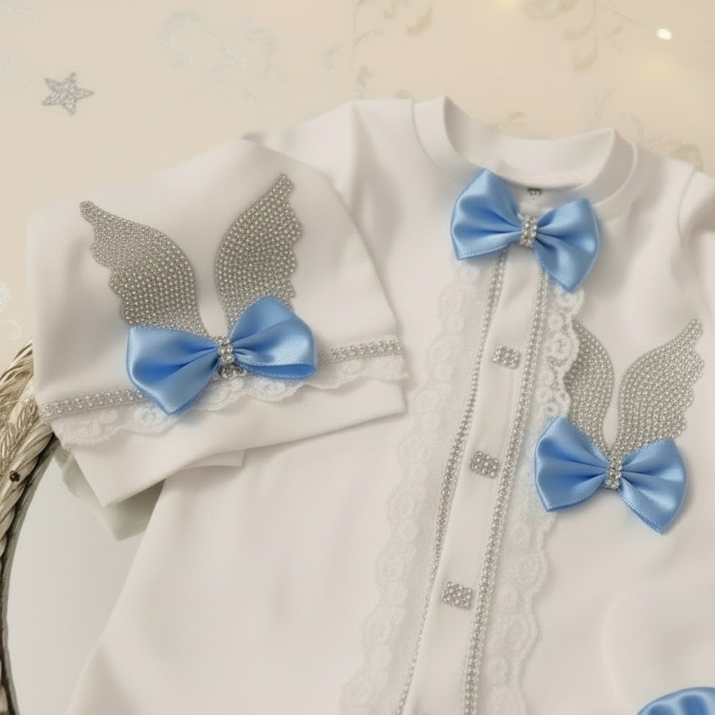 Luxury white baby romper with blue bow and pearl wings, organic cotton babywear