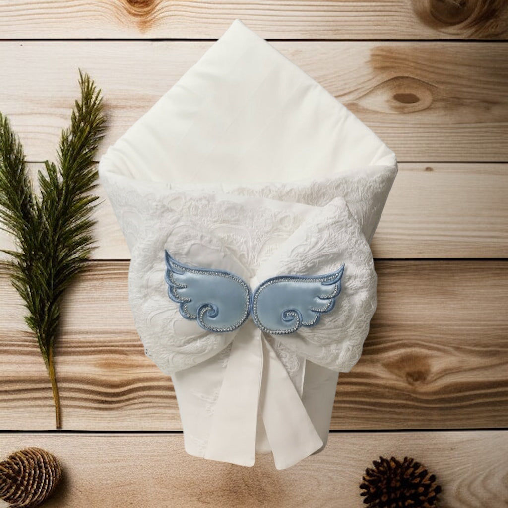 Luxury newborn baby wrap with blue angel wings, organic cotton, perfect baby gift set