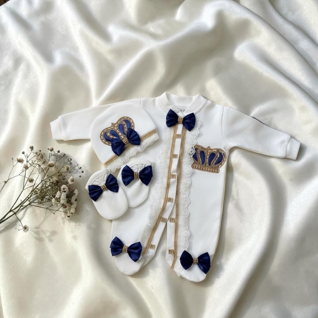 Luxury white baby romper set with navy bows and gold crown embroidery, perfect for newborns
