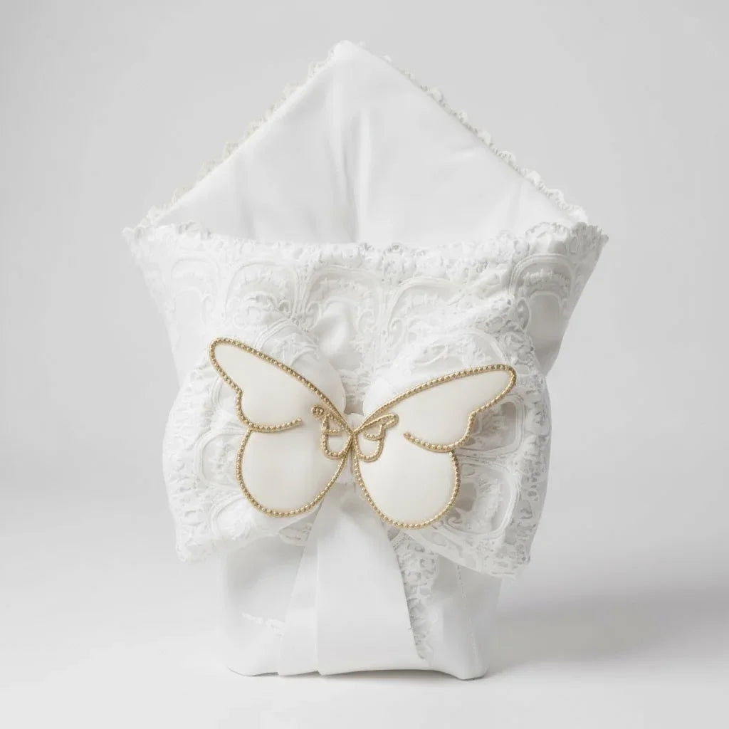 Luxury white baby blanket with lace trim and gold butterfly appliqué, perfect for newborns and baby gift sets.