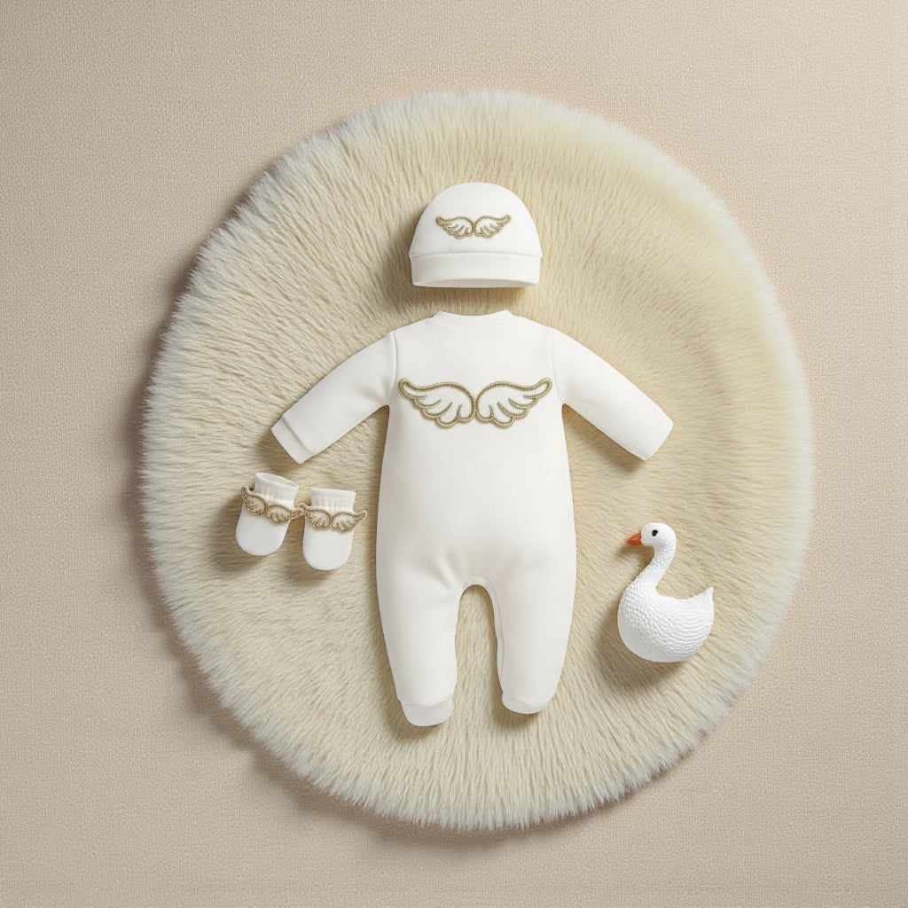 White baby romper with gold wings, matching hat and booties on fluffy rug, luxury newborn outfit