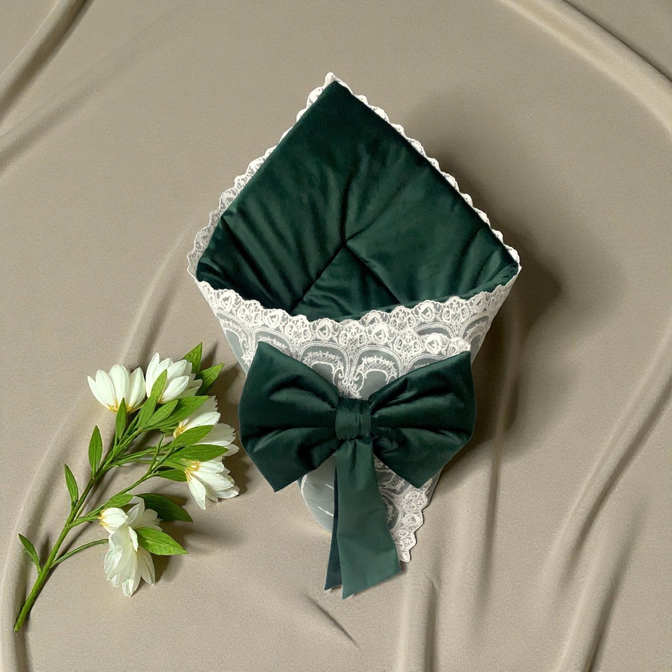 Emerald green baby bonnet with white lace trim and bow, luxury newborn hat for baby girls