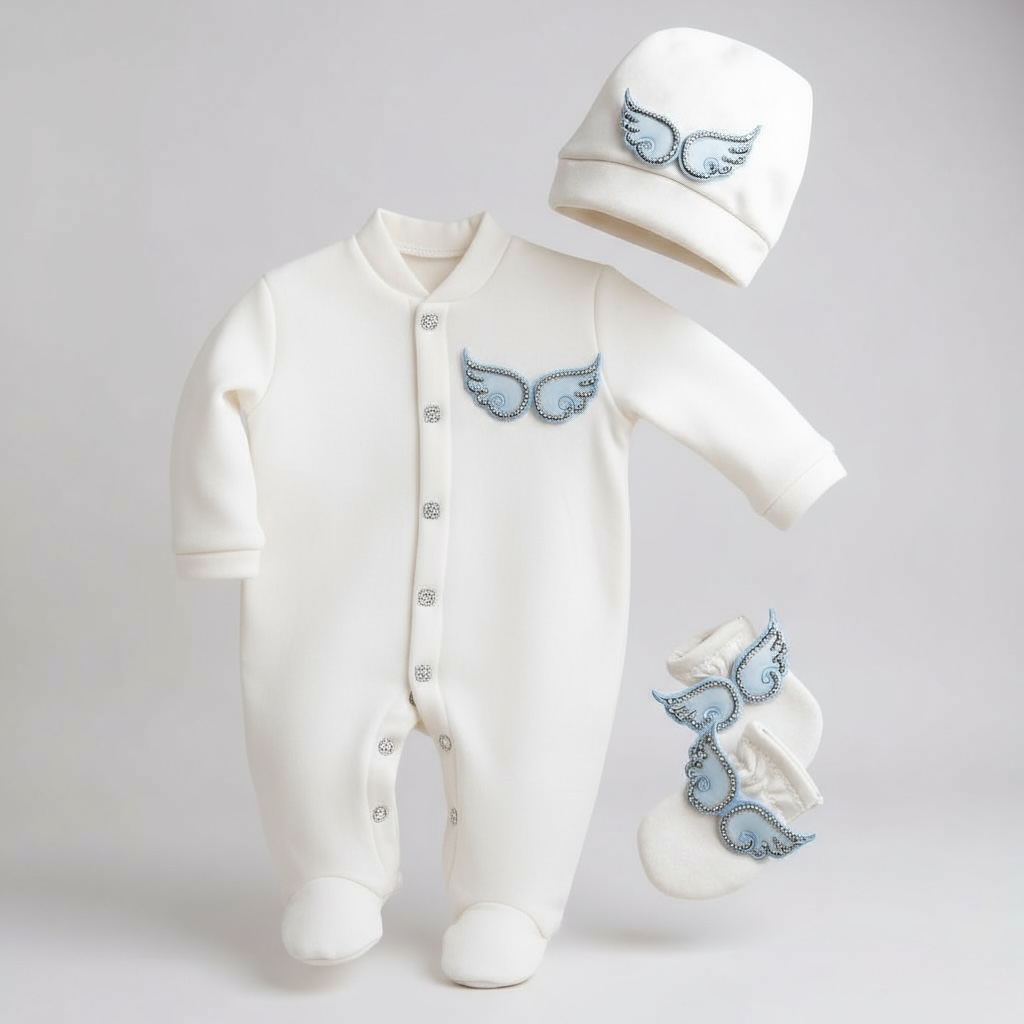 White baby romper set with blue angel wings, matching hat & booties, organic cotton newborn outfit