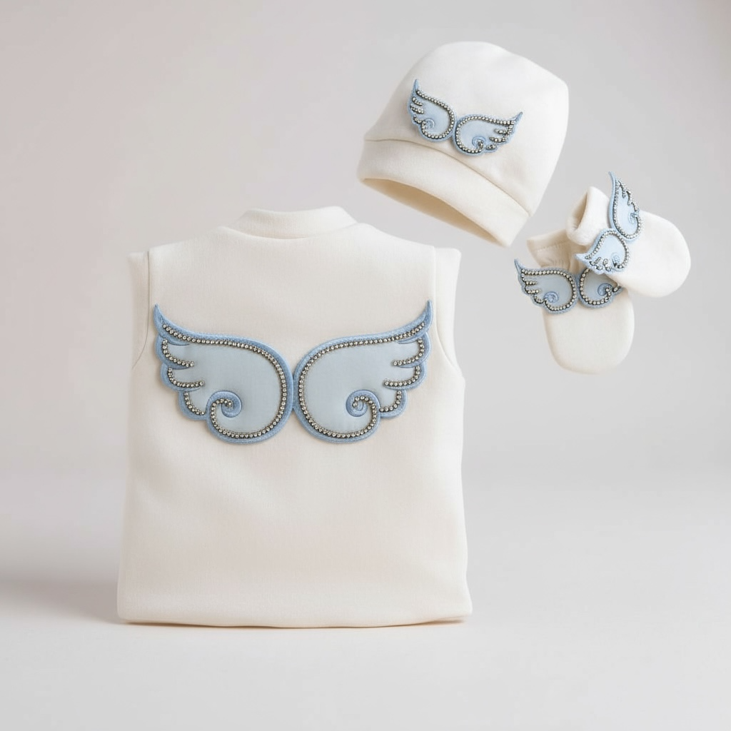 White baby romper, hat, and booties with light blue angel wings and bead details, luxury newborn outfit
