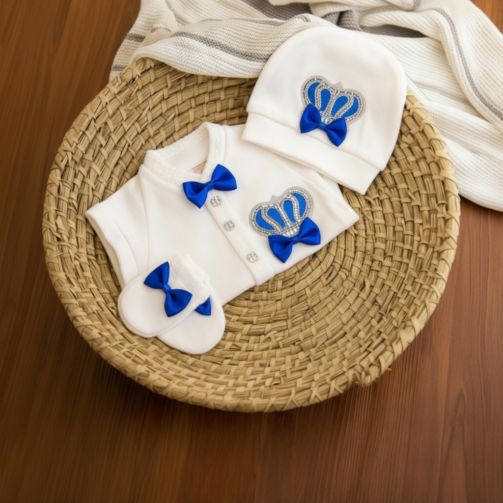 Luxury newborn baby outfit with blue crown embroidery, matching hat and booties on woven mat