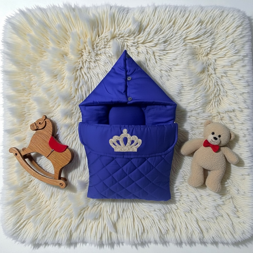 Blue quilted baby swaddle with crown embroidery, wooden rocking horse, and teddy bear on fluffy rug