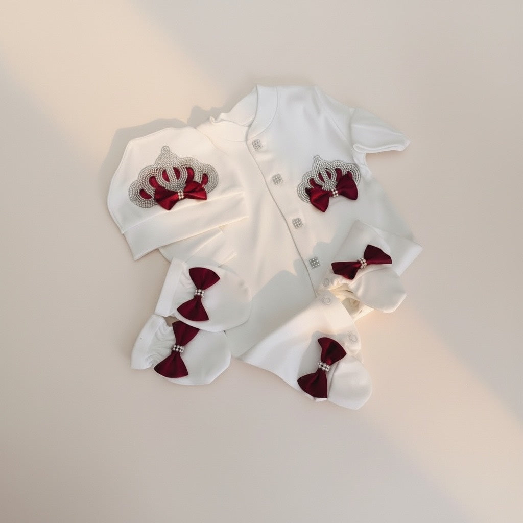 Luxury white baby romper set with red bow crown embroidery, organic cotton newborn outfit