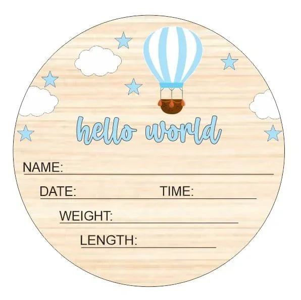 Hello World baby announcement tag with hot air balloon, stars, clouds, and newborn details fields