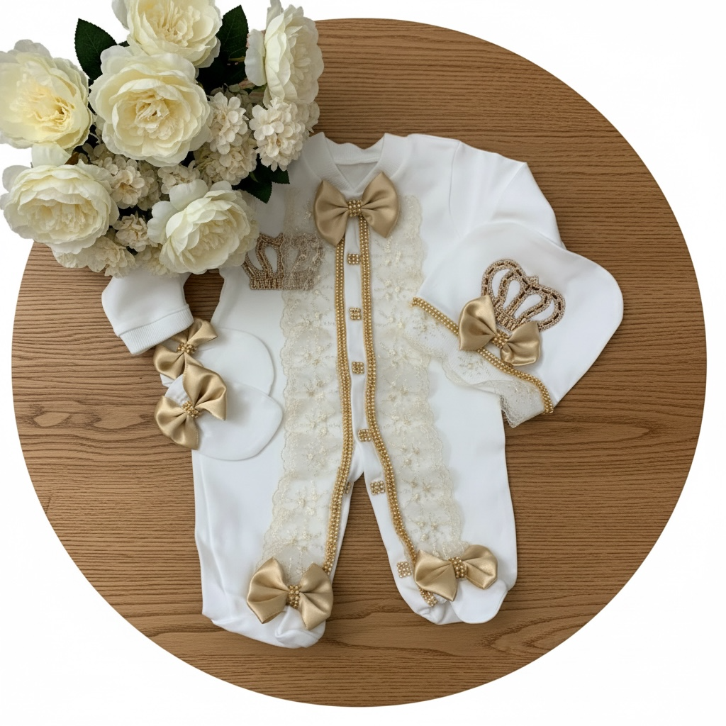 Luxury white baby romper with gold bows, lace, and crown details, paired with matching booties and flowers.